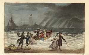 Die Wasserparty: Touristen geben wegen schlechten Wetters eine Seereise auf. Handkolorierte Kupferstichgravur von Thomas Rowlandson, Aquatinta von J.C. Stadler, nach einer Skizze von J. Green aus Poetical Sketches of Scarborough, Ackermann, London