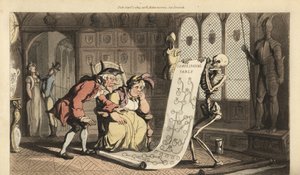 Der Skeletttod mit seiner Sanduhr zeigt zwei älteren aristokratischen Genealogen in einem Raum mit Wappenschildern und Rüstungen einen Stammbaum. Handkolorierte Kupferplatte gezeichnet und graviert von Thomas Rowlandson aus The English Dance of Death
