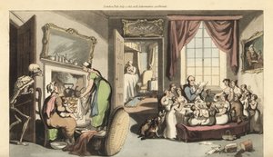 Das Skelett des Todes erscheint im Wohnzimmer einer großen Familie, um ein Kind oder Neugeborenes zu holen. Handkolorierte Kupferplatte, gezeichnet und graviert von Thomas Rowlandson aus The English Dance of Death, Ackermann, London