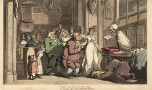 Der Tod als Priester feiert die Hochzeit zwischen einer jungen Frau und einem hässlichen alten Mann. Handkolorierter Kupferstich von Thomas Rowlandson aus The English Dance of Death, Ackermann, London