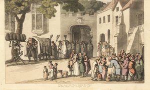 Der Tod trägt schwarze Trauerfedern vor dem Leichenzug von Lord Roland. Handkolorierter Kupferstich von Thomas Rowlandson aus The English Dance of Death, Ackermann, London