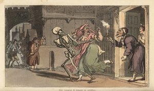 Der Tod trägt eine Virago aus einem Haus, während ein Nachtwächter mit Laterne zusieht. Handkolorierte Kupferplatte gezeichnet und graviert von Thomas Rowlandson aus The English Dance of Death, Ackermann, London von Thomas Rowlandson