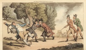 Der Tod trägt einen Verwundeten weg, bevor der Arzt ihn nach einem tödlichen Duell mit Pistolen in einem Park behandeln kann. Handkolorierte Kupferplatte gezeichnet und graviert von Thomas Rowlandson aus The English Dance of Death, Ackermann, London