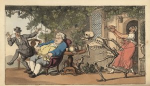 Der Tod kommt für Tom Higgins, einen Maurerjungen, der vor einem Gasthaus auf ein Gericht wartet. Handkolorierte Kupferplatte, gezeichnet und graviert von Thomas Rowlandson aus The English Dance of Death, Ackermann, London von Thomas Rowlandson