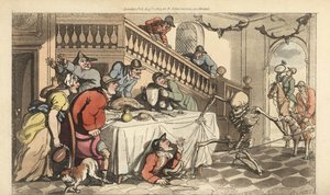 Der Tod kommt für einen Jäger, der sich nach einer Fuchsjagd unter einem Tisch versteckt. Handkolorierte Kupferplatte, gezeichnet und graviert von Thomas Rowlandson aus The English Dance of Death, Ackermann, London