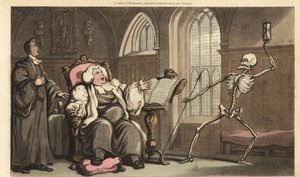 Der Tod holt den Bischof in der Abtei, während er die Bibel auf einem Lesepult liest und seinen gichtkranken Fuß auf ein Kissen legt. Handkolorierte Kupferplatte gezeichnet und graviert von Thomas Rowlandson aus The English Dance of Death, Ackermann, Londo von Thomas Rowlandson