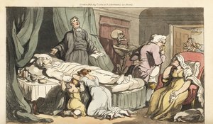 Der Tod kommt für den Doktor, während der Priester über den toten Körper eines guten Mannes betet, der von seiner Frau und seinem Kind betrauert wird. Handkolorierte Kupferstichzeichnung und -gravur von Thomas Rowlandson aus The English Dance of Death, Ack