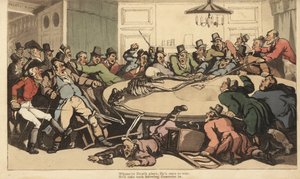 Der Tod kämpft mit edlen Spielern im Glücksspielzimmer eines Londoner Spielclubs. Handkolorierte Kupferplatte gezeichnet und graviert von Thomas Rowlandson aus The English Dance of Death, Ackermann, London