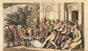 Der Skeletttod packt einen Vater am Kragen, während seine Frau und Kinder verzweifelt versuchen, ihn zu retten. Handkolorierte Kupferplatte gezeichnet und graviert von Thomas Rowlandson aus The English Dance of Death, Ackermann, London von Thomas Rowlandson