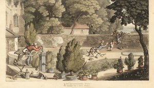 Das Skelett des Todes hilft einem Grundbesitzer, mit einem Musketen auf Jungen zu zielen, die in seinem Garten wildern und versuchen, über eine Mauer zu fliehen. Handkolorierte Kupferstichzeichnung und -gravur von Thomas Rowlandson aus The English Dance of