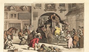 Der Skeletttod hilft einer großen Matrone auf die tödliche letzte Bühne. Handkolorierte Kupferplatte gezeichnet und graviert von Thomas Rowlandson aus The English Dance of Death, Ackermann, London von Thomas Rowlandson