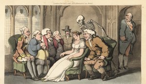 Der Skeletttod schließt sich einer Gruppe von Freiern für die schöne Erbin Belinda an und besiegt den Anwalt, Arzt, Pfarrer, Quäker, Oberst und Baronet für den Preis. Handkolorierte Kupferplatte gezeichnet und graviert von Thomas Rowlandson aus The English von Thomas Rowlandson