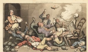 Der Skelett des Todes schöpft Punsch in ein Glas eines Toastmasters mit Gicht bei einer ausgelassenen georgianischen Trinkparty. Handkolorierte Kupferplatte gezeichnet und graviert von Thomas Rowlandson aus The English Dance of Death, Ackermann, London von Thomas Rowlandson