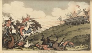 Der Skelett des Todes feuert eine Kanonensalve auf einen englischen Kavallerieangriff ab. Handkolorierte Kupferplatte gezeichnet und graviert von Thomas Rowlandson aus The English Dance of Death, Ackermann, London