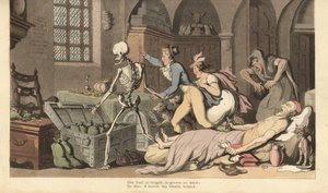 Der Skeletttod führt gierige Kinder zu der Goldtruhe eines Geizhalses, der tot auf einem Bett liegt und ein Testament und einen Geldbeutel hält. Handkolorierte Kupferplatte gezeichnet und graviert von Thomas Rowlandson aus The English Dance of Death, Acker von Thomas Rowlandson