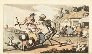 Der Tod nimmt den betrunkenen Säufer in einer Schubkarre mit, während andere Betrunkene vor dem Gasthaus The Goat feiern. Handkolorierte Kupferplatte, gezeichnet und graviert von Thomas Rowlandson aus The English Dance of Death, Ackermann, London von Thomas Rowlandson