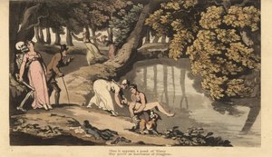Der Tod nimmt die Mutter, während sie den leblosen Körper ihres Sohnes aus einem See ziehen sieht (Handkolorierte Kupferstich von Thomas Rowlandson) von Thomas Rowlandson