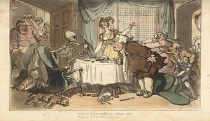 Das Skelett des Todes mit Pfeil und Sanduhr kommt für den Vielfraß, während er beim Abendessen schlemmt. Handkolorierte Kupferplatte gezeichnet und graviert von Thomas Rowlandson aus „The English Dance of Death“, Ackermann, London von Thomas Rowlandson