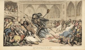 Das Skelett des Todes mit seiner Lanze verursacht einen Aufruhr unter den Harlekinen, Jockeys, Nonnen, Türken und Narren auf einem Maskenball. Handkolorierte Kupferstichzeichnung und -gravur von Thomas Rowlandson von Thomas Rowlandson