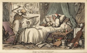 Der Tod mit dem Antiquar-Horter in einem Schlafzimmer voller Musikinstrumente, Bücher, Manuskripte, Rüstungen, einem Globus, einer Büste, Ratten usw. (Handkolorierte Kupferstich von Thomas Rowlandson) von Thomas Rowlandson
