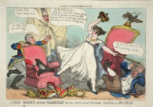 Drei Wochen nach der Hochzeit oder der große kleine Kaiser spielt Verstecken, veröffentlicht 1810 (handkolorierte Gravur) von Thomas Rowlandson