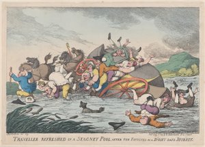 Reisender erfrischt sich in einem stagnierenden [sic] Teich nach den Strapazen eines staubigen... von Thomas Rowlandson