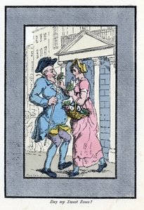 Blumenverkäuferin, die einem lächelnden Herrn ein kleines Rosenbouquet anbietet (Holzstich nach einem Gemälde von Thomas Rowlandson, veröffentlicht in „The Cries of London“)