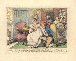 Zwei Liebende in einem Salon werden von neugierigen Dienstmädchen gestört von Thomas Rowlandson