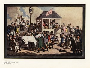 Wiegen eines Jockeys auf einer Waage an einer Rennstrecke von Thomas Rowlandson
