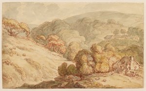 Bewaldete Hügellandschaft mit Hütte und Figuren von Thomas Rowlandson