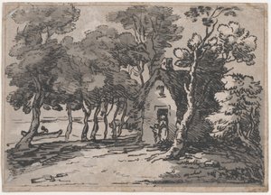 Waldszene mit Figuren an der Tür eines Häuschens, 1783-1788 von Thomas Rowlandson