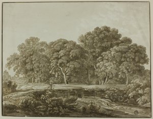 Landschaft mit Figur, die eine Brücke über einen Bach überquert