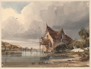 Ein Fluss und ein Cottage mit weißem Zaun
