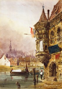 Eine Figur neben einem Gebäude in Gent, mit Lastkähnen auf der Leye, 1833 von Thomas Shotter Boys