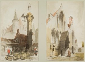 Fischmarkt, Antwerpen und Hospiz des Altenheims, Cand, aus Malerische Architektur in Paris, Gent, Antwerpen, Touen, etc. von Thomas Shotter Boys