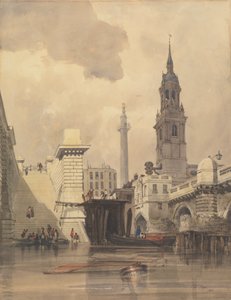 Die Kirche St. Magnus der Märtyrer, London Bridge, mit dem Monument im Hintergrund