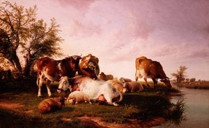 Schafe und Rinder, die an einem Flussufer grasen von Thomas Sidney (after) Cooper