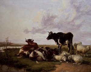 Rinder und Schafe beim Grasen von Thomas Sidney Cooper