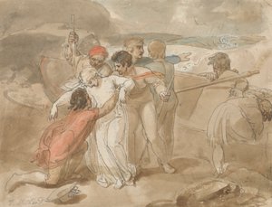 Eine Frau wird aus dem Meer gerettet und an Land gebracht, Ruderboot und Retter im Hintergrund von Thomas Stothard