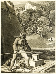 Robinson Crusoe auf seinem Floß aus 