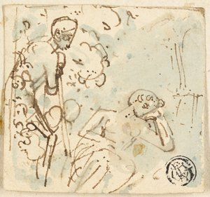 Skizze eines Mannes, der sich auf einen Stab lehnt und eine schlafende Frau betrachtet von Thomas Stothard
