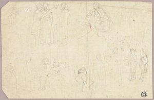 Skizzen für Tristram Shandy (recto); Skizzen eines Medaillons mit sitzender allegorischer Figur (verso) von Thomas Stothard