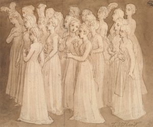 Zwanzig junge Mädchen in einer Gruppe, die nach links gehen von Thomas Stothard