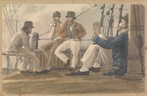 Vier Matrosen entspannen sich an Deck, einer liest von Thomas Streatfeild