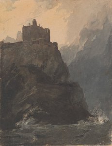 Schloss auf einer Klippe, mit stürmischer See und Schiffswrack am Fuß der Klippe