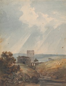Landschaft mit Schloss, Hügeln und Bergen