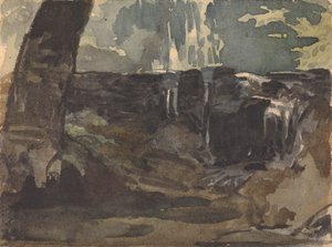 Felsige Landschaft, großer Baumstamm im Vordergrund von Thomas Sully