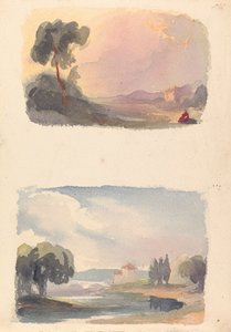Zwei Zeichnungen auf einem Blatt: Landschaft mit Bergen in der Ferne und sitzenden Figuren im Vordergrund (Nr. 1); Landschaft mit Fluss und Gebäude, Berge in der Ferne (Nr. 2) von Thomas Sully