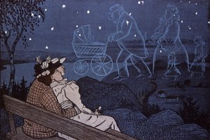 Paar im Freien, das seine Zukunft in den Sternen betrachtet: Kinder, Familie. Illustration von Th.Th. Heine in: Simplicissimus, Deutschland von Thomas Theodor Heine