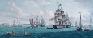 Das US-Schiff Franklin mit Blick auf die Bucht von New York von Thomas Thompson